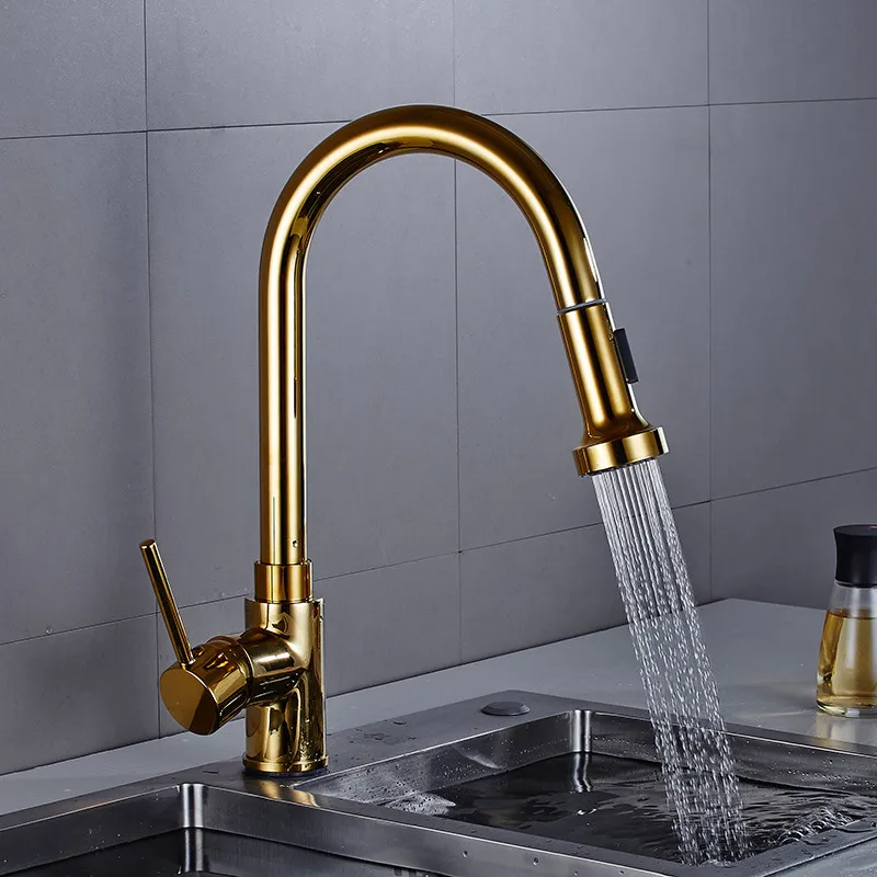 Kitchen Sink Faucet Hot & Cold Solid Brass Gold/Black Sink Mixer Tap Pull Out Multi-Function Rotating Single Handle Deck Mount