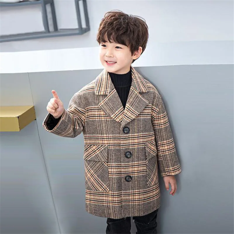 Plus Cotton Jacket For Boys Woolen Coat For Autumn New Fashion Plaid Turn Collar Single-Breasted Kids Trench Clothes 90-160
