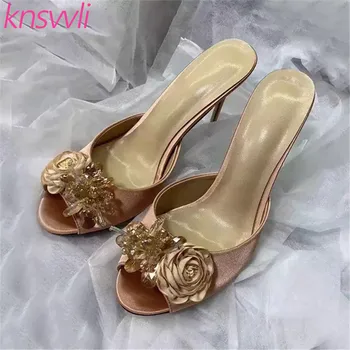 

Satin Flowers Mules High Heel Women Sandals String Bead Crystal Slippers Woman Champagne Color Stiletto Summer Party Shoes Woman