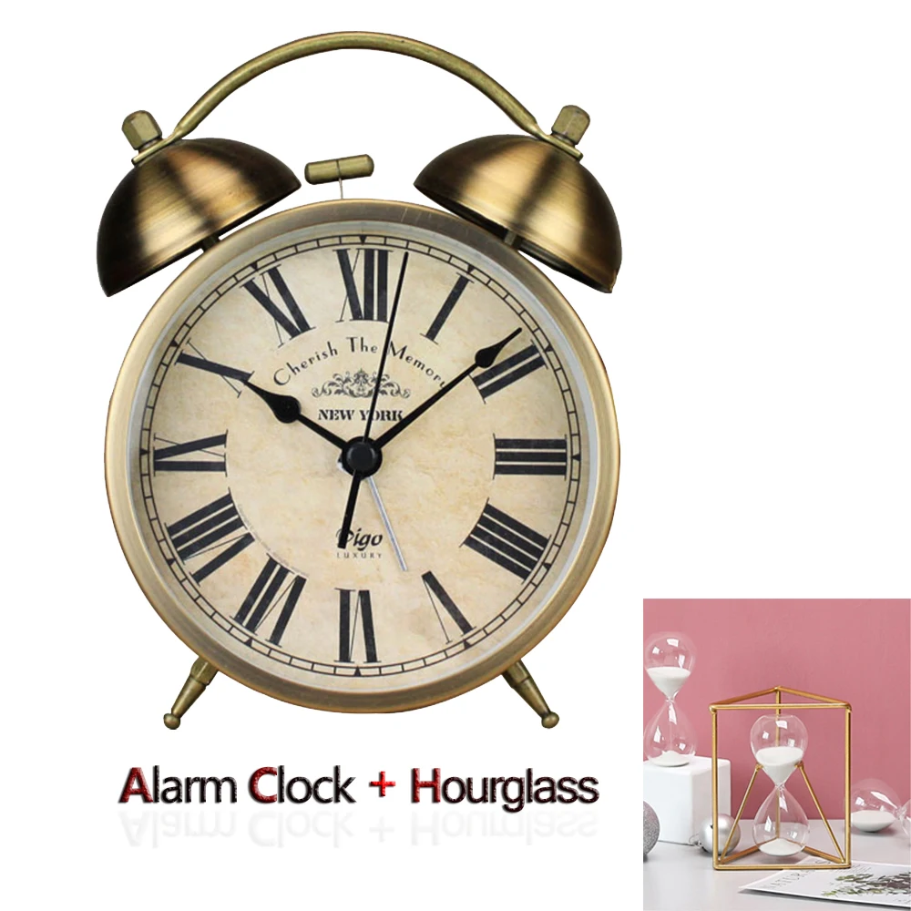B Clock hourglass Металлический звонкий будильник для дома Decr Suitbale для гостиной спальни винтажные настольные часы в стиле ретро с ночным светильник песочные часы - Цвет: B Clock hourglass
