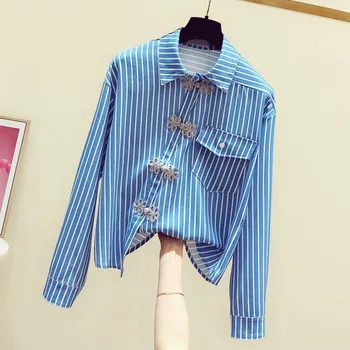 

2020 Spring New Korean-Style Striped Asymmetrical Placket Button Asymmetric Shirt Women's Casual-Fit Long-Sleeve Shirt blouse