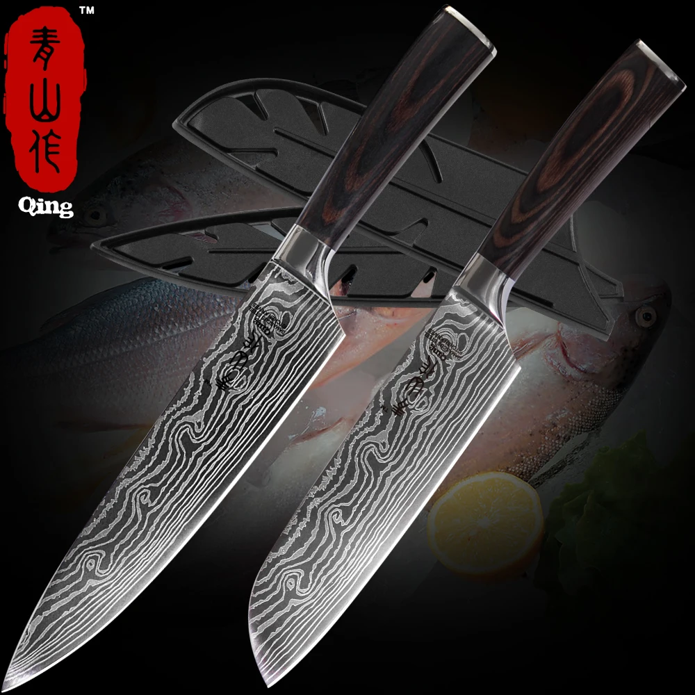 

Qing Hot Grade Stainless Steel Kitchen Knives Set Japanese Chef Knife Steel Pattern Utility Paring Santoku Chef Kitchen Knife