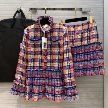 

women designer colorful plaid stand collar ruffles tweed coats + a-line mini skirt 2 pieces set skirt suit retro outfit S79