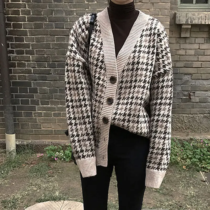

Cardigan Sweater Women's Autumn And Winter 2019 New Style Thousands of Birds V-neck Slip Buckle Thick Sweater Contrast Color Car