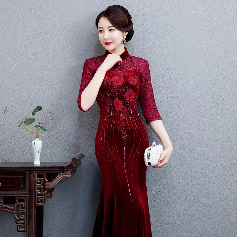 Элегантный длинный тонкий Женский Cheongsam Благородный Русалка китайское платье Традиционный китайский воротник Qipao изысканный бисер Vestidos
