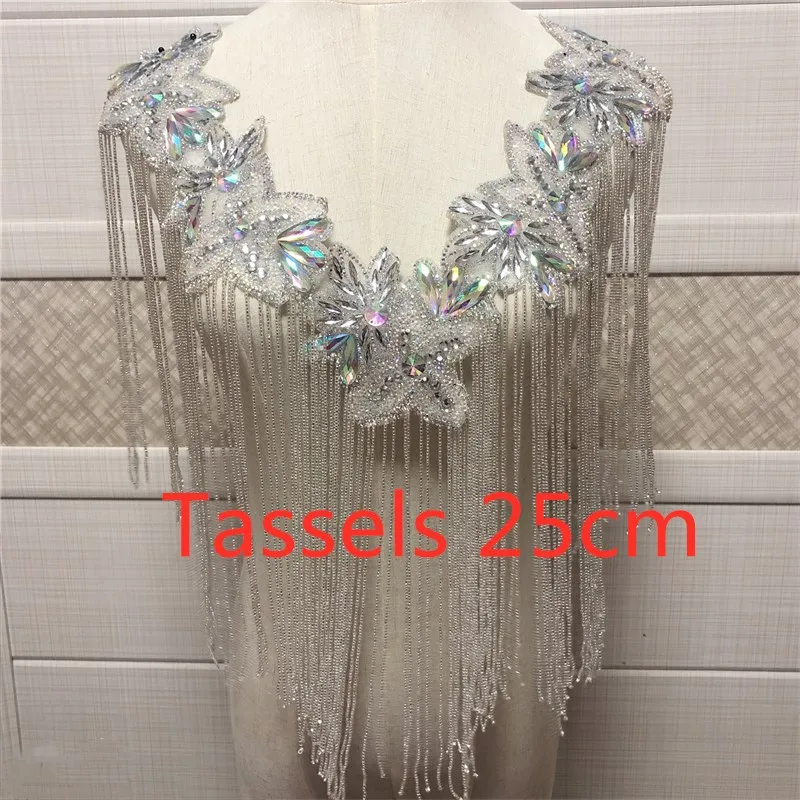 Royal blue gold silver single side wedding embroidered collar with beaded tassels appliques neckline with fringeLeiao Craft