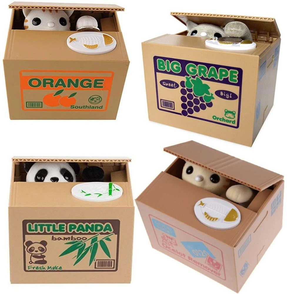 Grey Cat Panda Automated Steal Coin Money Box Piggy Bank Storage Saving Boxes GA 