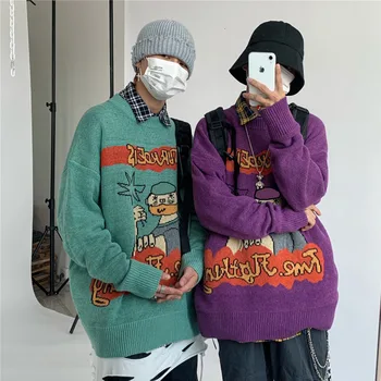 

2019 Autumn Explosion Models Korean Men's European And American Printing Loose Retro Casual Pullover Sweater