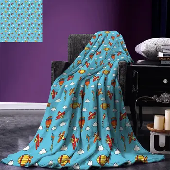 

Airplane Throw Blanket Colorful Air Transportation Collection with Balloons Biplanes Zeppelins and Kites Warm Blanket for Bed
