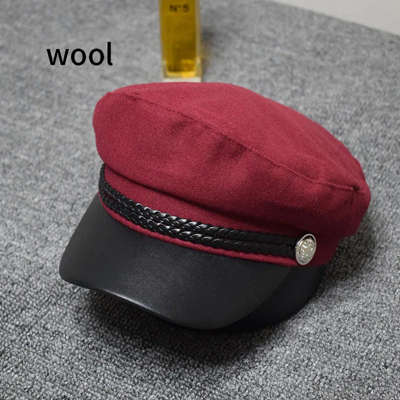 Wine red D Модная шапка из искусственной кожи в стиле милитари, осенне-зимняя шерстяная шляпа моряка для женщин и мужчин, Черная Женская кепка с плоским верхом для путешествий, Кепка Капитана - Цвет: Wine red D