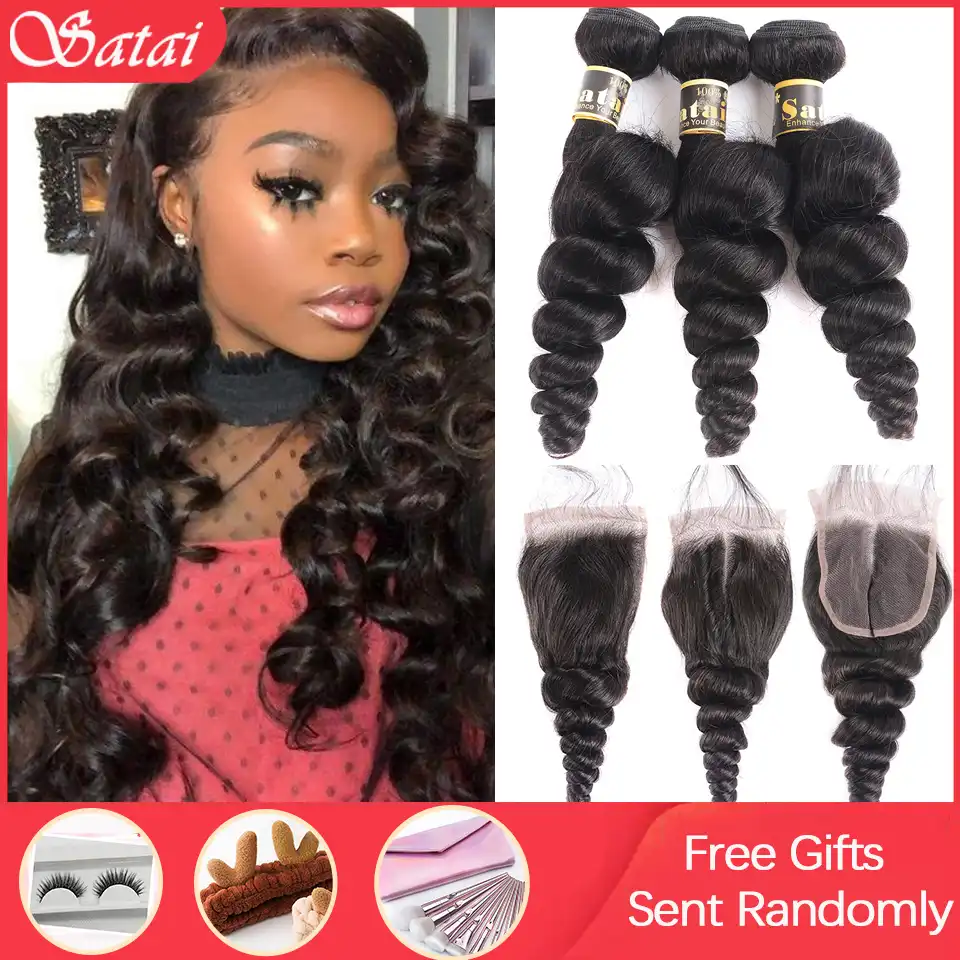 Satai Brazilian Loose Wave 3 Bundles With Closure 8 28 Inch M Remy