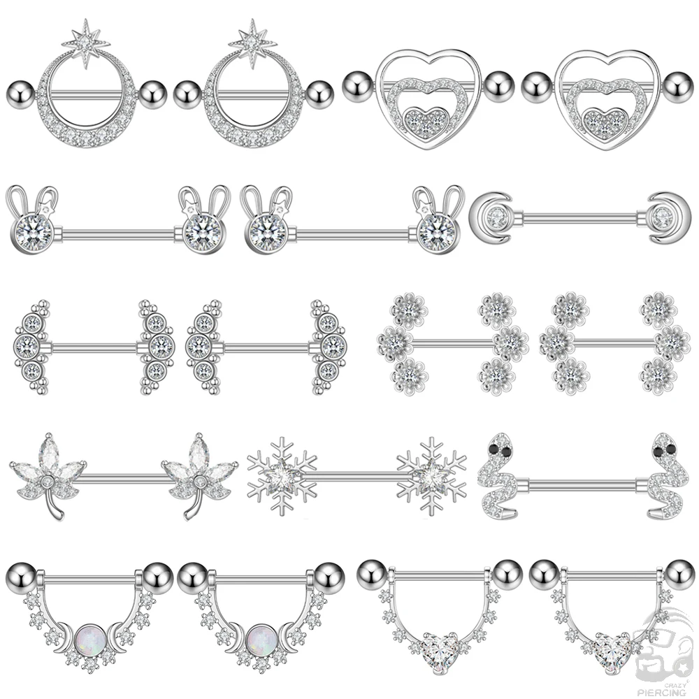 Body Piercing Jewelry 2PCS Snake Rabbit Heart Nipple Piercings Women Nipple Rings Cover Barbell Breast Shield Crystal Steel 14G Body Piercing Jewelry