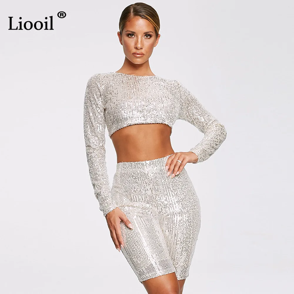 

Liooil Sequin Bodycon 2 Piece Sets Women Club Outfits Fall 2019 Long Sleeve Sexy Crop Top And Biker Shorts Tights Set For Woman