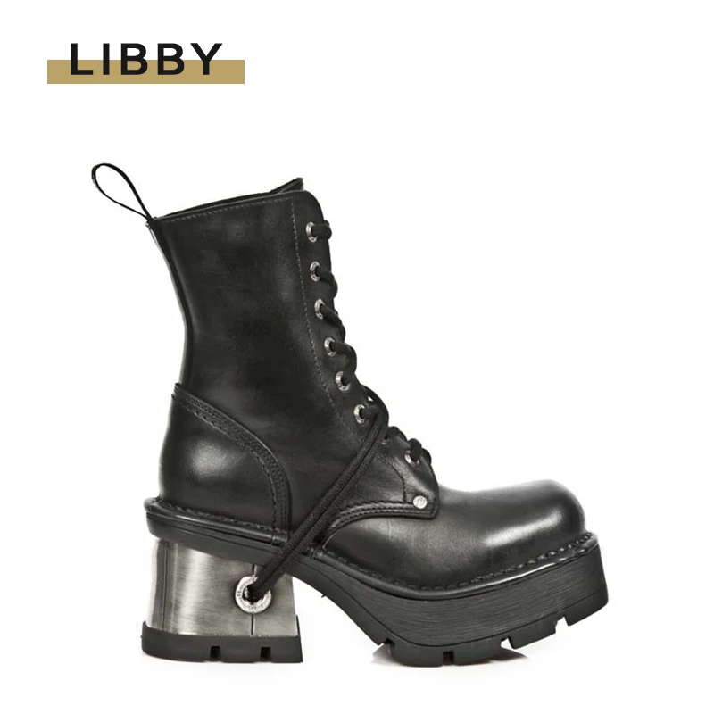 

Punk Style Women Ankle Boots Cow Genuine Leather Motorcycle Boots Metal Chunky High Heel Platform Boots Gothic Black Boots Woman