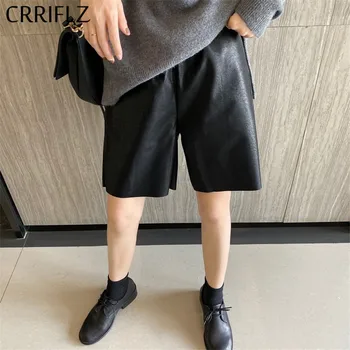 

Autumn Loose Knee Length Pants Women PU Leather Wide Leg pants 2020 New CRRIFLZ