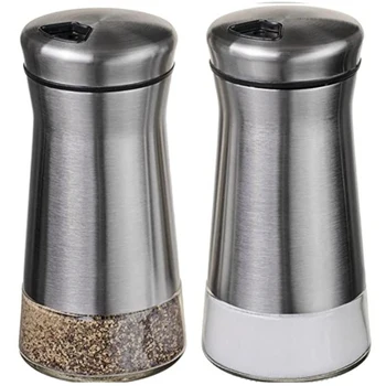

Salt and Pepper Shakers - Spice Dispenser with Adjustable Pour Holes - Stainless Steel & Glass -Set of 2 Bottles