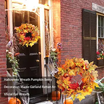 

Halloween Wreath Pumpkin Berry Decoration Maple Garland Rattan Artificial Fall Wreath for door window Decorative