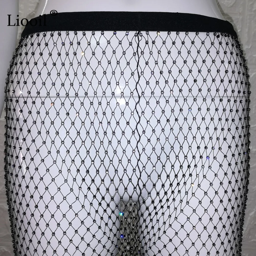 Liooil прозрачные сетчатые брюки со стразами Женская одежда Клубная одежда с высокой талией брюки с разрезом черные белые вечерние длинные сексуальные Клубные брюки