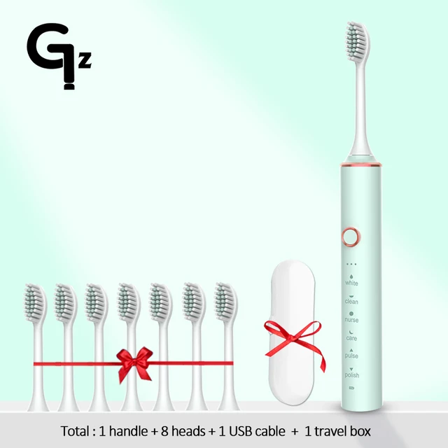 GeZhou Electric Toothbrush Sonic Toothbrush Rechargeable IPX7 Waterproof 6 Mode Travel Toothbrush with 8 Brush Head best gift N100green 8 box