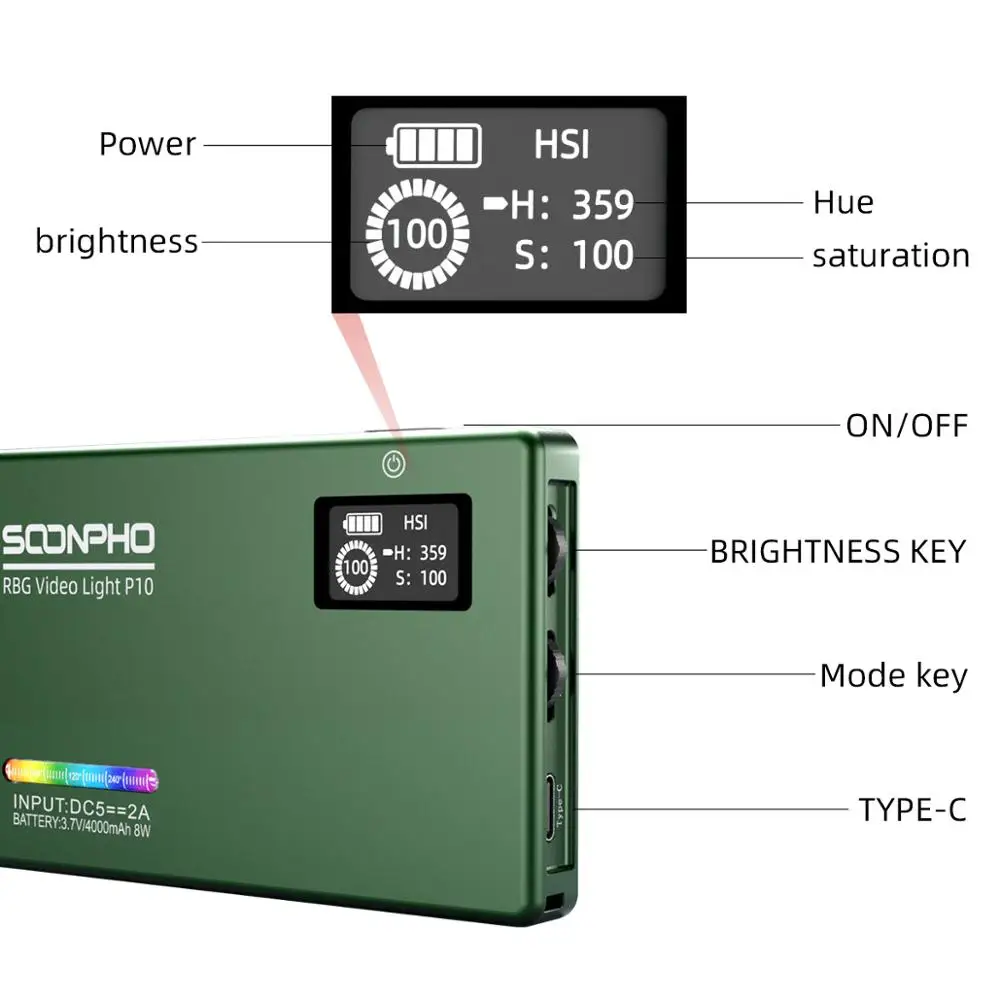 Conduziu a Luz de Vídeo Luz de Preenchimento Fotográfica da Bateria de 4000mah para o Estúdio de Tiro Soonpho 97 Embutida Iluminação P10 2500k-8500k Rgb Cri - Image 5