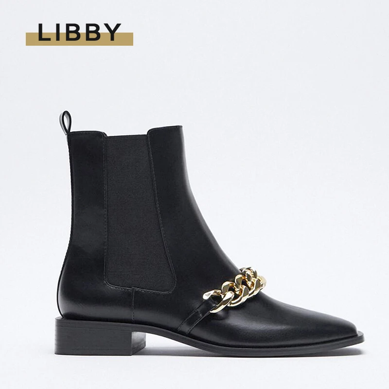 2021New Fashion Gold Metal Chain Martin Chelse Boots Women Black Winter