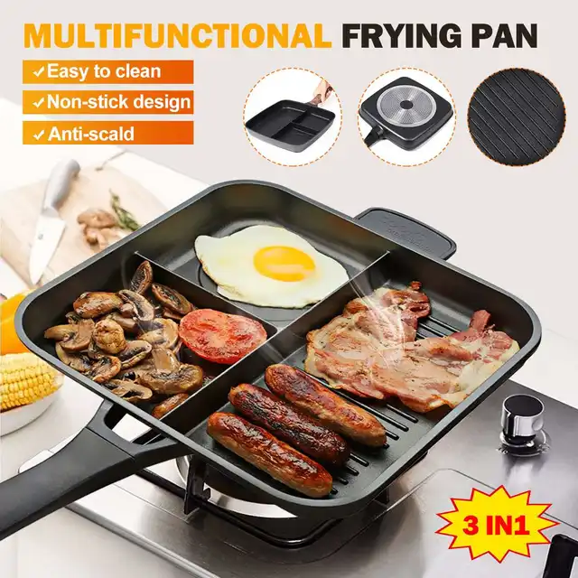 3 In 1 Fry Pan Grill Divided 3 Section Multi Fry Pan,tri-ply