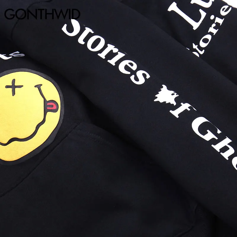 GONTHWID Lucky Me Smile Face Print Fleece Hooded Sweatshirts Hoodies Harajuku Fashion Casual Pullover Tops Streetwear Hip Hop