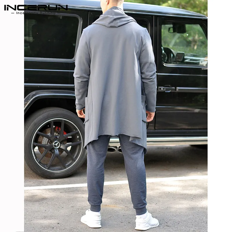 INCERUN Fashion Men's Trench Outerwear Long Sleeve Hooded Pockets Casual Chic Coats Streetwear Solid Men Long Windbreakers