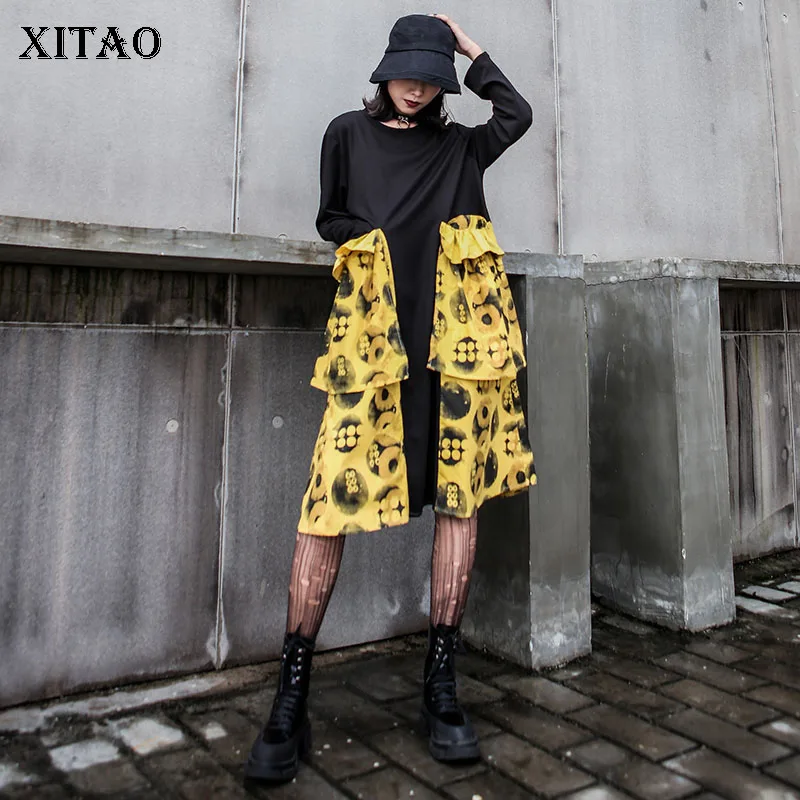

XITAO Contrast Color Splice Ruffle Dress Women Wave Point Plus Size Loose Long Sleeve Ladies Dresses Women Clothes 2019 GCC2013
