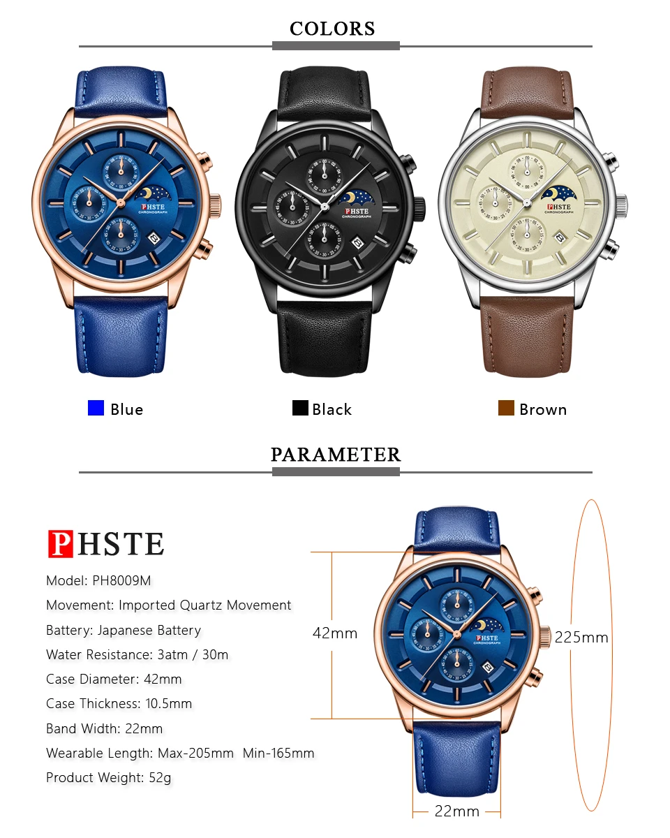 PHSTE Mens Watches Quartz Chronograph Moon Phase Date Waterproof Brown Calfskin Leather Brand Luxury Wrist Watch Male Beige Dial