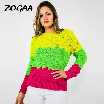 

ZOGAA 2019 Women Winter Long Sleeve Crewneck Knitted Pullover Sweater Vintage Splice Autumn Ladies Pullover Jumper Mit Streifen