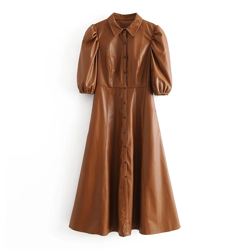

2020 chun xin Products in Europe And American Style WOMEN'S Dress Faux Leather Shirt-Half-sleeve Shirt Dress A8gs1553