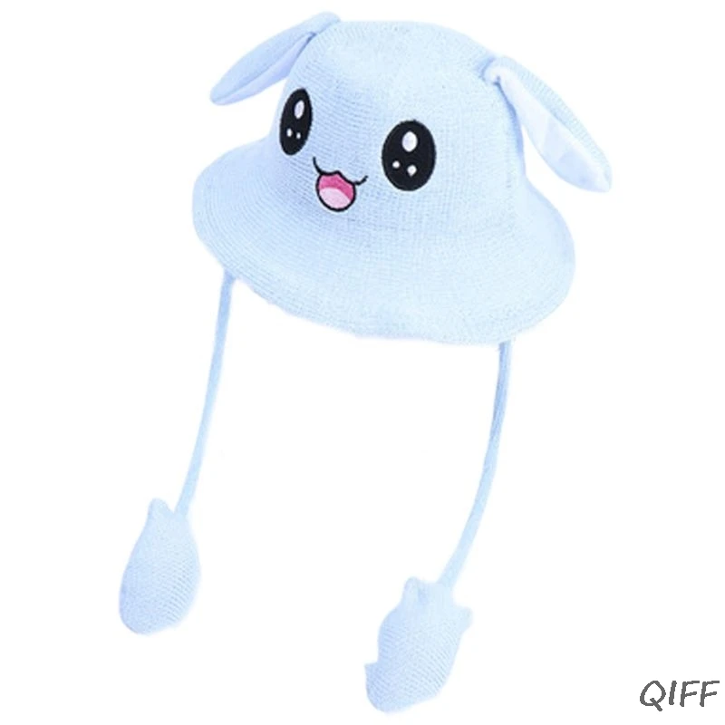 A Children Kids Cute Rabbit Ears Animal Bucket Hat Toddler Sun Protection Wide Brim Tassels Funny Moving Airbag Knitted Beanie Cap - Color: A