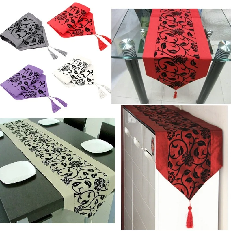

Flora Flower Blossom Flocked Damask Home Hotel Restaurant Table Runner Cloths