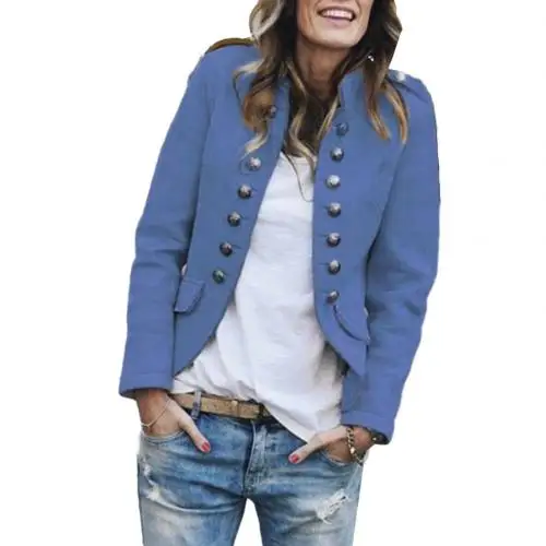 Синий Fashion Women Blazer Solid Color Double Breasted Blazers Long Sleeve Suit Office Blazer Business Jacket Coat пиджак женский - Цвет: Синий
