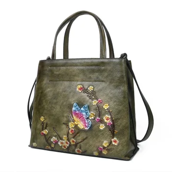 

2020 new shoulder messenger retro leather embossed women bag large capacity hand-painted first layer cowhide female handbag