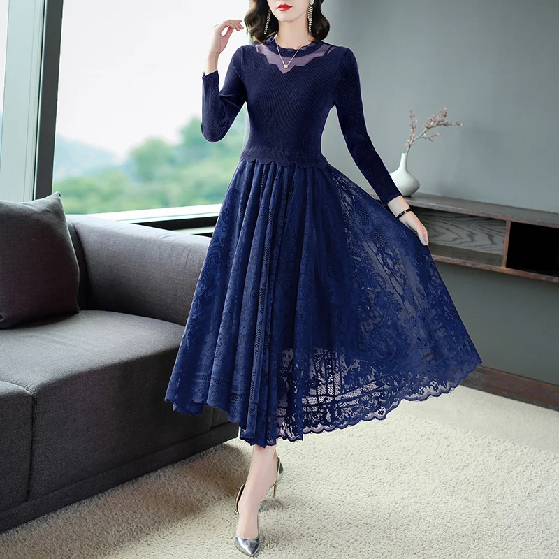 

Spring Autumn Dress Sexy Lace Patchwork Long Sleeve Velvent Women O-neck Ruffle Party Dresses Fashion Casual Solid Color Clothes