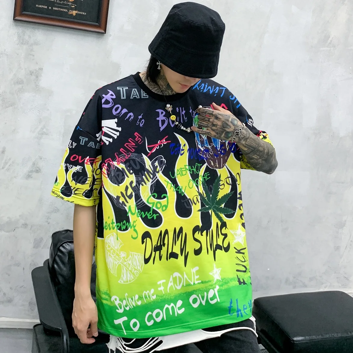 Harajuku flame Граффити футболка толстовка мужская хип хоп Короткие рукава уличная