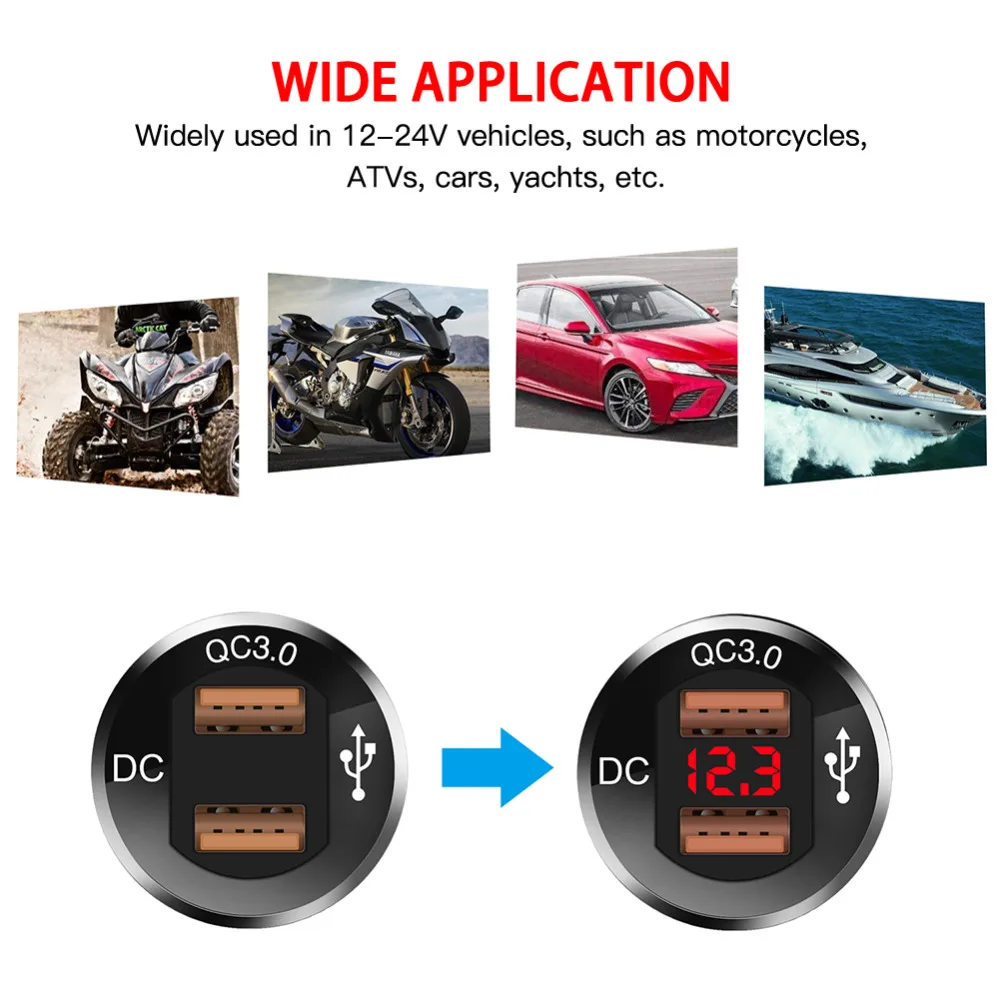 QC 3,0 Автомобильное зарядное устройство розетка 12 В/24 В двойной USB розетка зарядное устройство светодиодный цифровой дисплей мотоцикл Прикуриватель разъем зарядное устройство s