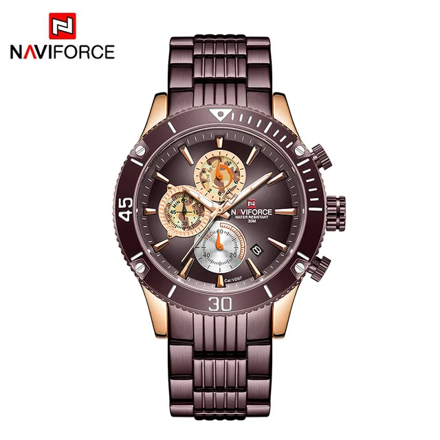 Новинка, мужские часы NAVIFORCE, водонепроницаемые, стальной ремешок, кварцевые часы с хронографом, военные спортивные наручные часы, мужские часы - Цвет: coffee