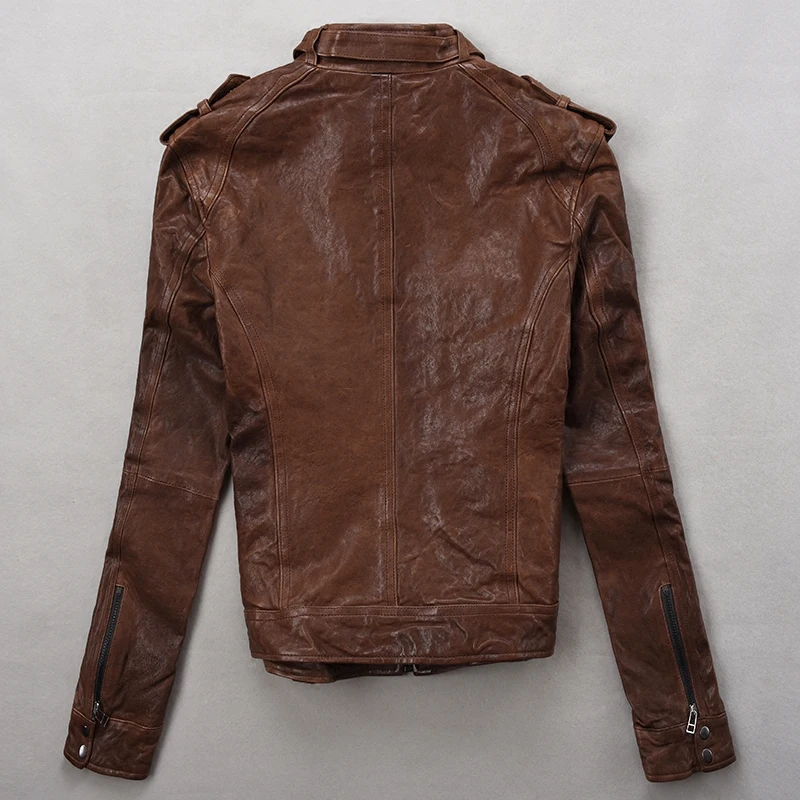 Кожаная мотоциклетная Женская куртка с модными карманами из натуральной овчины