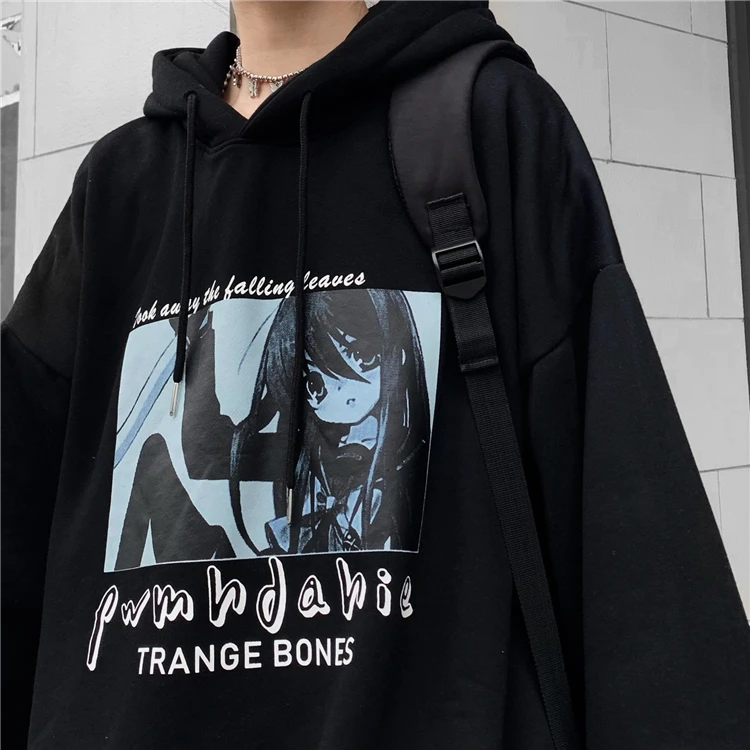 Sudadera negra holgada con para mujer, de calle Sexy con estampado de Anime, Tops largos de punto para mujer|Sudaderas con capucha y sudaderas| - AliExpress