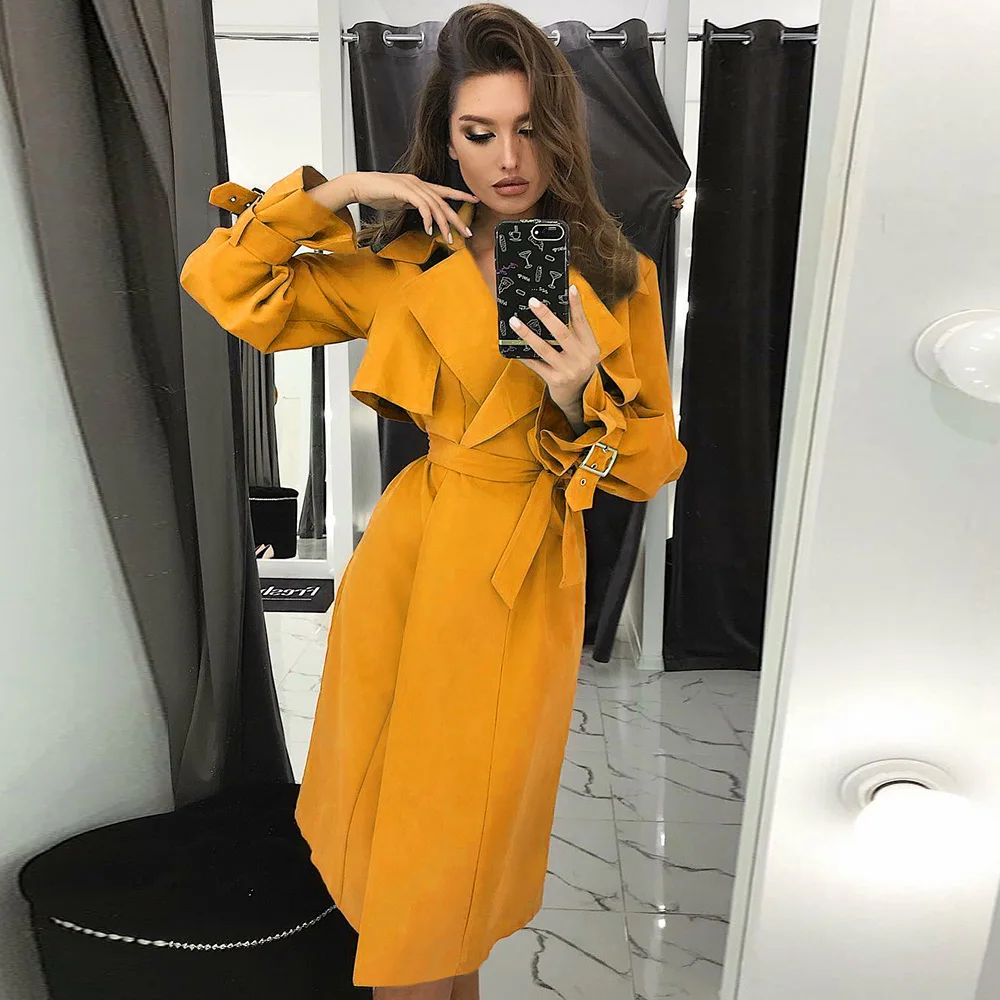 Ginger Yellow Новая мода осень зима Женская ветровка длинная секция пальто Женские однотонные элегантные тренчи пальто Корейская Повседневная Верхняя одежда D25 - Цвет: Ginger Yellow