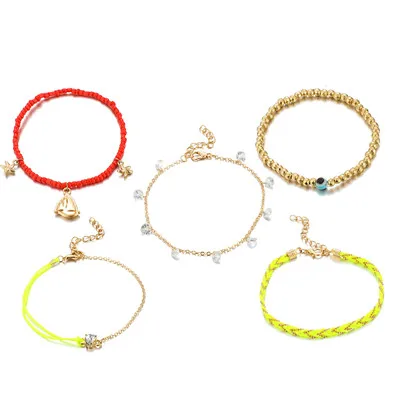 Tocona Boho блестящее хрустальное сердце золотой бисер желтая веревка вязаный Набор браслетов для ног для женщин многослойный ножной браслет ювелирные изделия 8541 - Окраска металла: gold