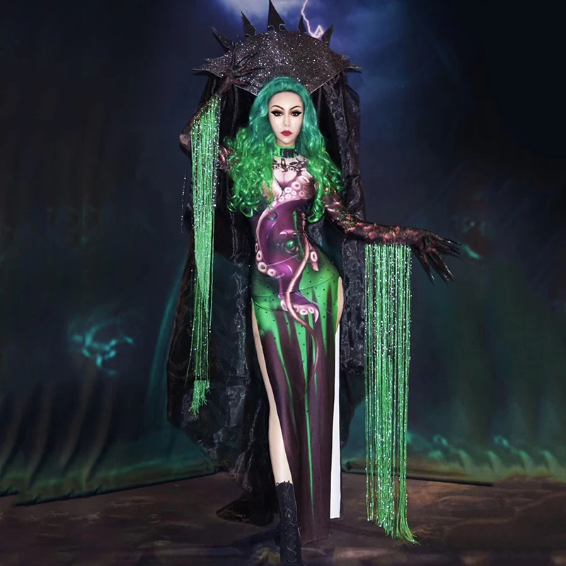 Ночной клуб бар танцевальный сценический костюм для Хэллоуина Косплэй вечерние зеленые бахромы накладные платье-Чонсам с принтом женский фестиваль наряд DT1684