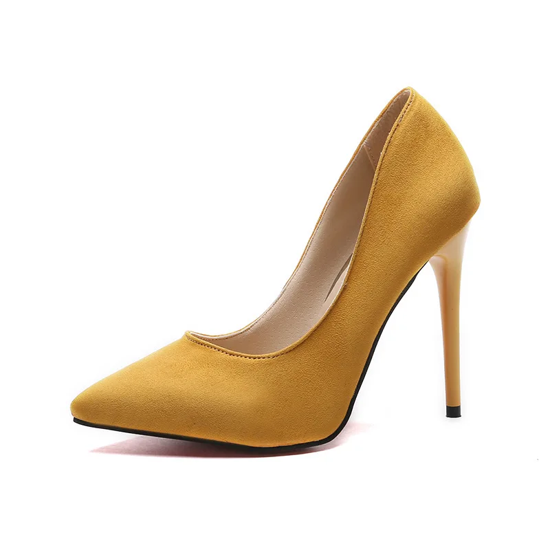 Женские замшевые модельные туфли-лодочки на шпильках с острым носком туфли для торжеств на ультравысоком каблуке 11,5 см с закрытым носком фиолетовые, желтые, синие - Цвет: Цвет: желтый