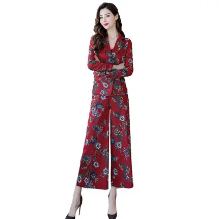 Kleine geur stijl mode pak vrouwelijke herfst nieuwe vrouwen afdrukken kleine pak wijde pijpen broek twee stuk lente Ms. set