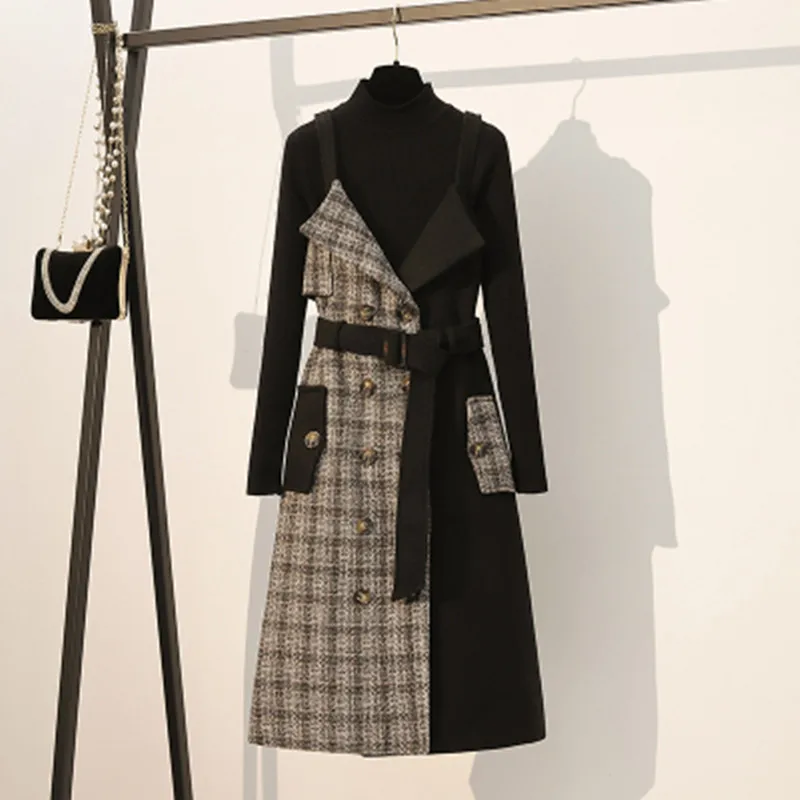 

Plus Size Designer Vintage Tweed Patchwork Dress Set Women Autumn Winter New Warm Knitted Tops + High Waist Strap Dress Set