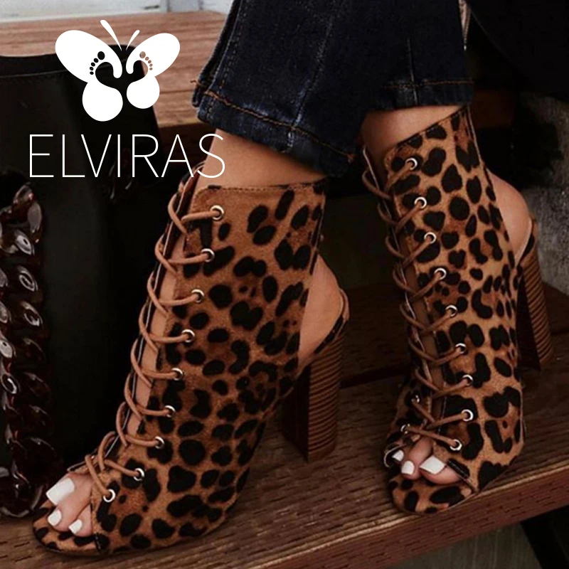

ELVIRAS Women's Sandals 2019 New Thick Heel High Heels Cross Lace Up Boots Open Toe Lace Gladiator Shoes
