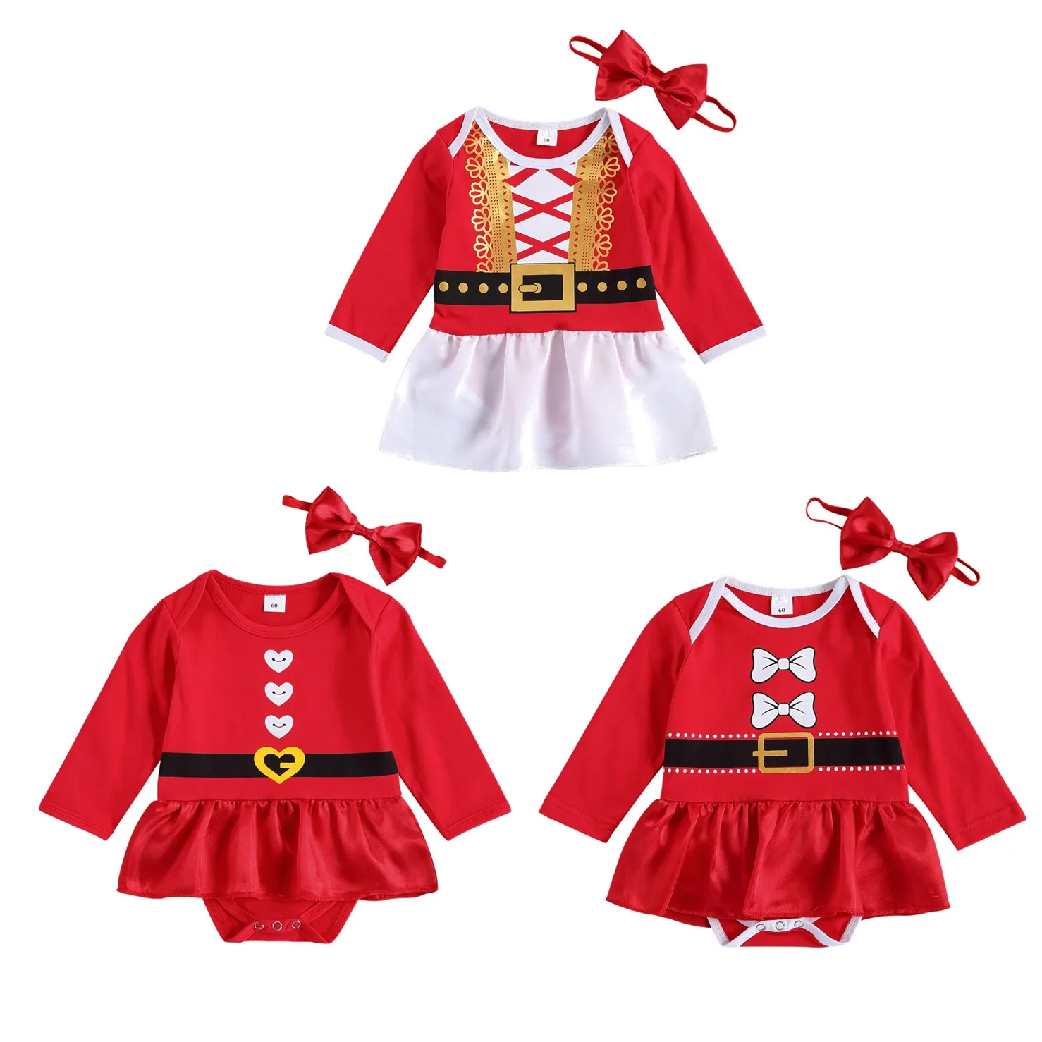 

2020 New Winter Christmas 0-18M Newborn Baby Girl 2Pcs Set Black Belt Print Dress-Style Red Long Sleeve Bodysuit+Bow Xmas Outfit